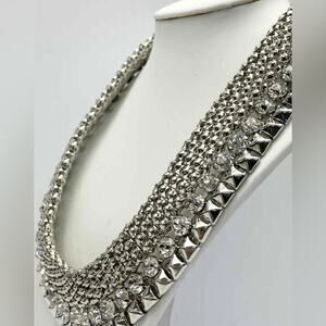 Designer Vintage RJ Graziano 80s Large Bibb Statement Necklace Silver Crystal